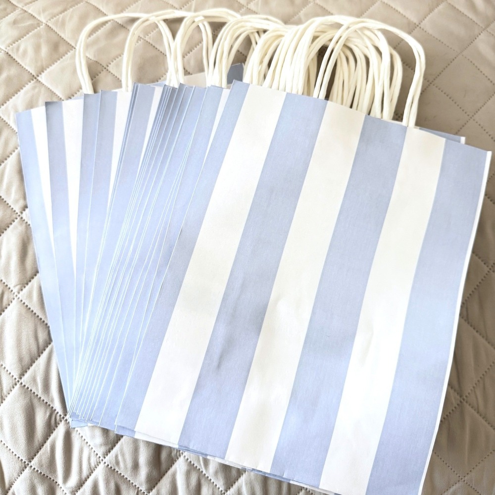 20 Pack Blue White Striped Paper Gift Bags with Handles Party Favor Bags 10x8x4